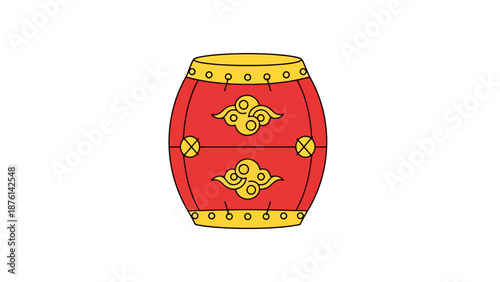 Traditional Red and Gold Barrel Drum Isolated on White Background Festive Percussion Instrument for Celebration and Performance