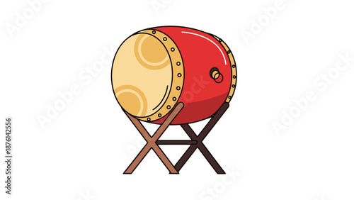 Traditional Red Drum Percussion Instrument on Wooden Stand for Musical Performance Elements