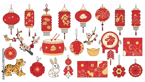 Set of Decorative Chinese New Year Elements Including Lanterns Drums Zodiac Animals and Floral Sprigs For Festive Celebrations