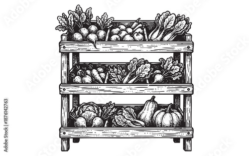Wooden Vegetable Market Stand Display engraving vector illustration