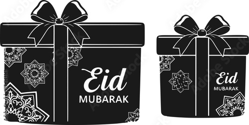 Eid Mubarak Gift Box Vector - Ribbon Bow Festive Islamic Geometric Ornament Modern Bold Graphic Greeting Card Holiday Shopping Banner Advertisement