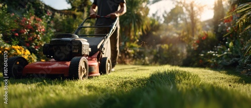 Person mowing the lawn in a sunny garden