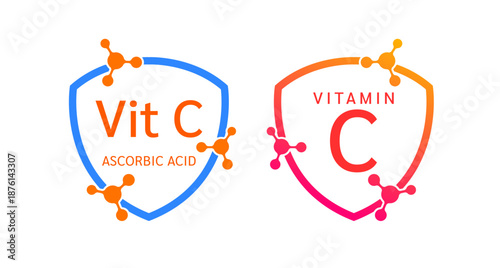 Vitamin C shield icon collection for product label design. Ascorbic Acid molecule form simple line. Isolated on a white background. Medical symbol concept. Vector EPS10 illustration.