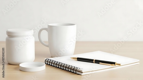 White mug, pill bottle, and notebook with pen on a wooden desk.