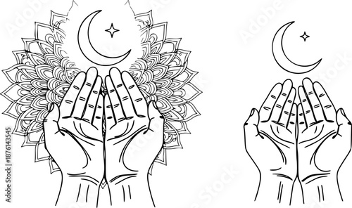 Islamic Prayer Hands Dua Vector - Glowing Crescent Moon Mandala Spiritual Continuous Line Art Ramadan Greeting Poster Religious Wellness App Design