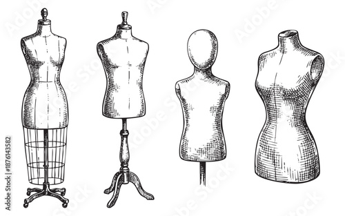 Dressmaker Mannequins and Tailor Dummies engraving vector illustration
