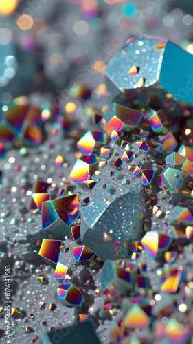 Vibrant iridescent geometric crystal shapes sparkle on a textured, glistening abstract surface