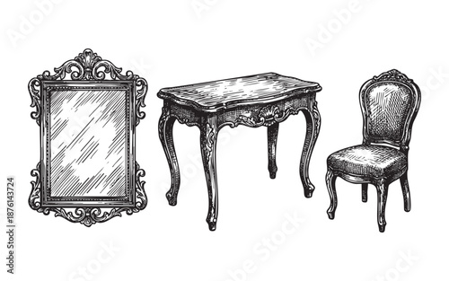 Vintage Furniture Set Ornate Mirror Table and Chair engraving vector illustration
