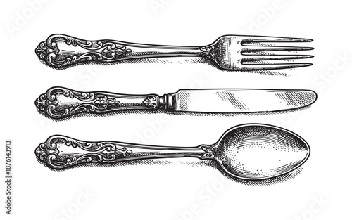 Ornate Silverware Knife Fork and Spoon engraving vector illustration