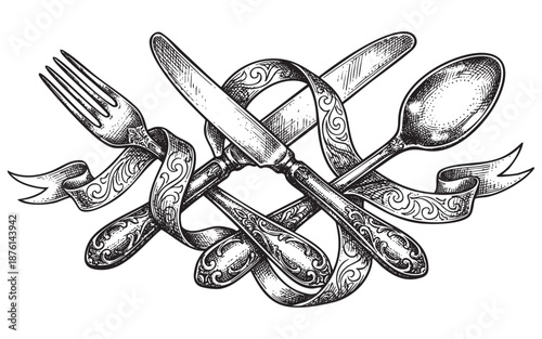 Cutlery Set with Knife Fork and Spoon Wrapped with blank Ribbon engraving vector illustration
