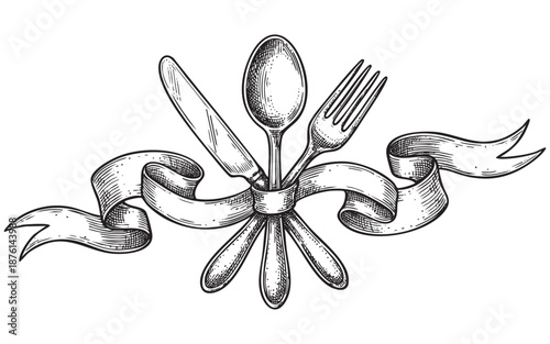 Cutlery Set with Knife Fork and Spoon Wrapped with blank Ribbon engraving vector illustration