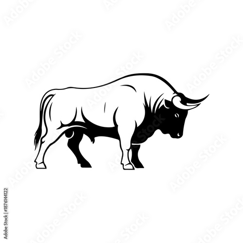 A majestic bull standing proudly in a serene landscape viewed from the side