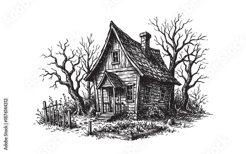 Spooky Hand-Drawn Vintage Cabin with Dead Trees and Fence engraving vector illustration