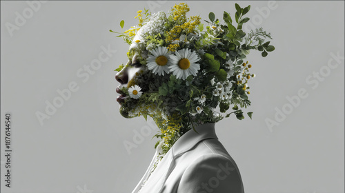Profile Of A Figure In White Suit With Flower Crown For Artistic Concept