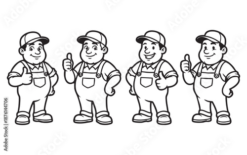 Cheerful Plump Cartoon Worker Character in Overalls Giving Thumbs Up