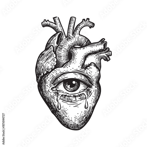 Surreal Anatomical Heart Engraving with Weeping Eye 