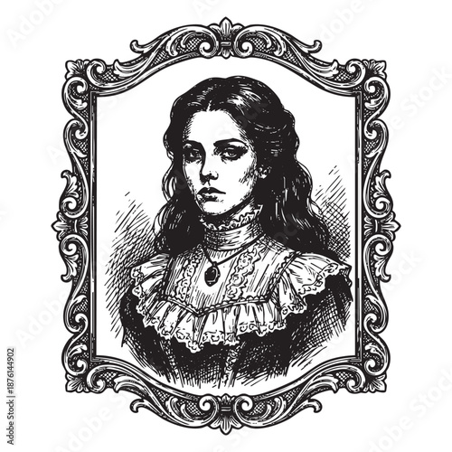 Obraz na plátně Vintage Engraved Portrait of a victorian Woman in Decorative Frame