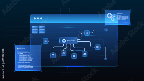 AI workflow automation artificial intelligence. ai agent network diagram dashboard machine learning flow process and automation system.