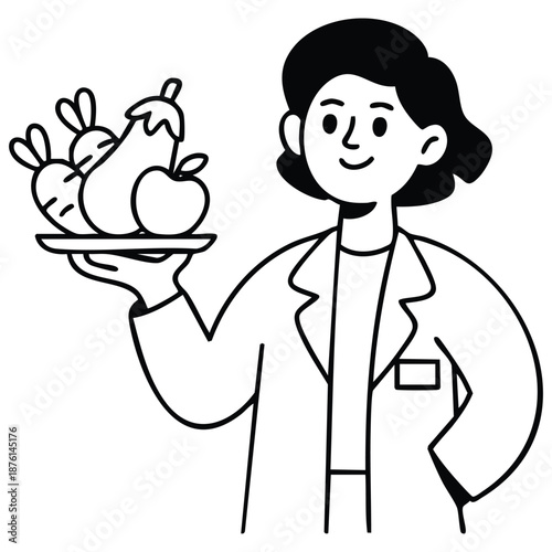 Female nutritionist doctor with healthy fruits and vegetables vector doodle illustration isolated on white background