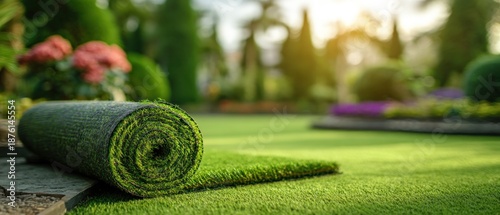 Roll of artificial turf on green lawn