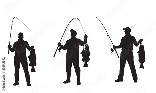 Set of three distinct fisherman silhouettes, each proudly holding a freshly caught fish, illustrating the rewarding experience of sport fishing and outdoor leisure.