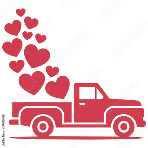 Happy Valentines Day red vintage truck with hearts vector illustration isolated on white background