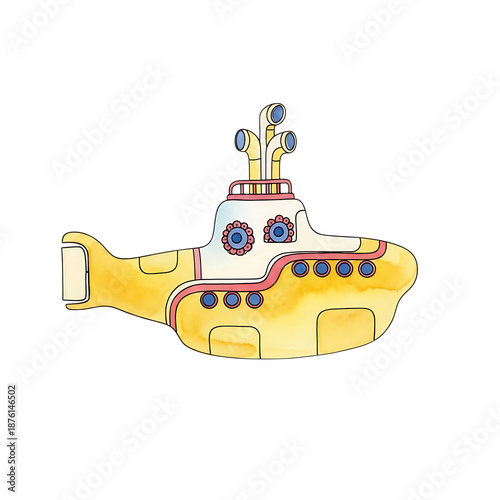 Yellow submarine watercolor art isolated on transparent background