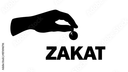 Vector silhouette of a hand dropping a coin into a charity box, concept of Zakat and generosity, solid black, isolated on white background.