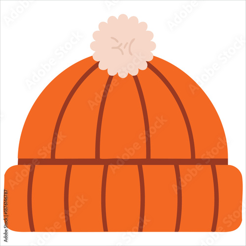 Cartoon winter beanie hat with orange pompom vector illustration isolated on white background