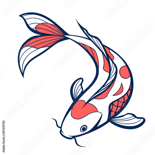 Elegant Japanese koi carp fish vector illustration with orange spots, traditional oriental zen pond animal isolated on white background.