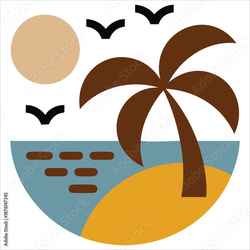 Palm tree tropical island ocean nature vector icon isolated on white background