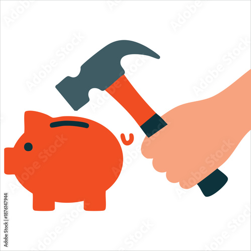 Piggy bank being broken open isolated vector illustration on white background