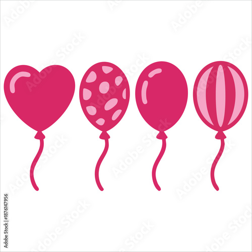 Pink festive balloons in classic and heart shapes striped with circles vector illustration