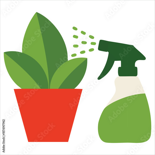 Cartoon flat style illustration of plant care with spray gun isolated on white background