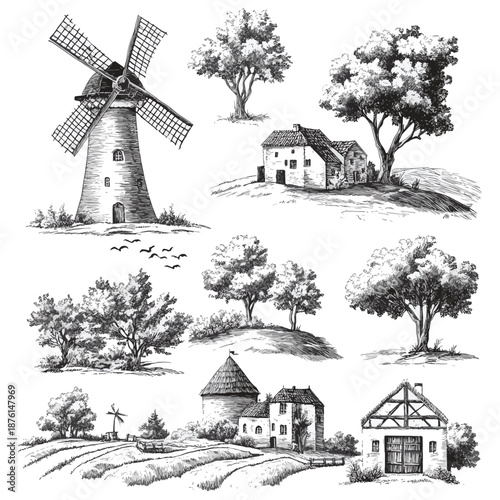 windmills surrounded by fields, trees, and countryside scenes Set collection bundle sketch engraving generative ai vector illustration