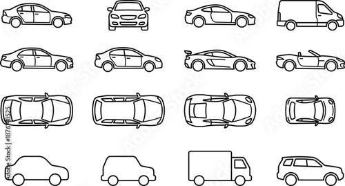 Vector line icons set of cars, vans, trucks, and vehicles viewed from front, side, and top perspective for transportation, automotive design, mobility, and traffic illustration.