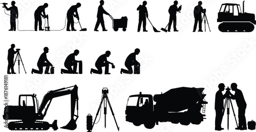 Black Silhouette Set of Construction Workers Engineers and Heavy Machinery Including Excavator Concrete Mixer and Bulldozer for Industrial Site Project Design