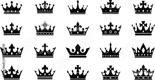 Black Crown Silhouette Icons Set Isolated on White Background for Royal Logo Design, King Queen Headwear Vector Illustration and Heraldic Symbols