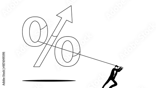 Conceptual illustration of a person pulling an upward percentage symbol, representing increasing interest rates, growth, and economic change.