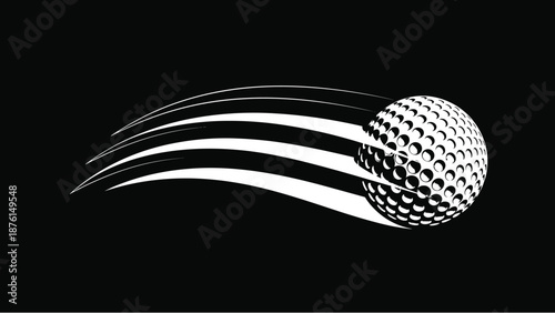 Flying golf ball vector illustration, sport motion trail graphic for tournament branding, golf club icon, high speed ball action, white on black, cad drawing flat vector illustration. (22 words)t