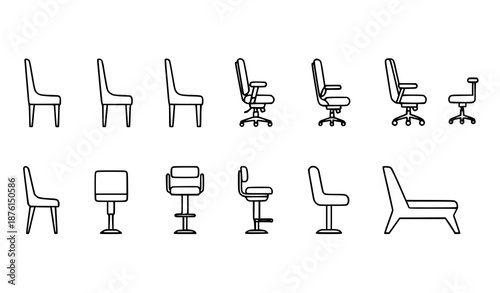 Modern side view chair icons vector set in thin stroke line style for furniture apps and e-commerce