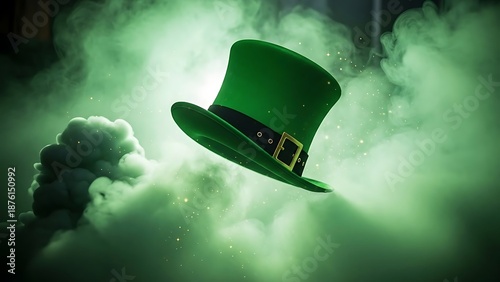 St patrick's day magic a green top hat emerging from mysterious emerald smoke on a lucky day