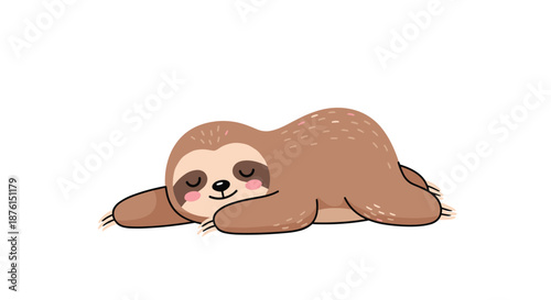 Adorable and sleepy cartoon sloth with rosy cheeks is lying on the floor, peacefully resting with a gentle, happy smile.