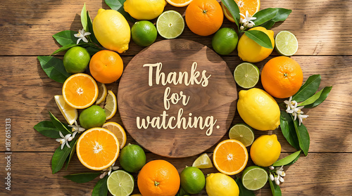 Thanks for watching text on wooden board surrounded by fresh citrus fruits.