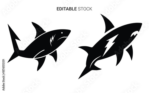 two black shark illustrations in modern silhouette style design elements silhouette high quality