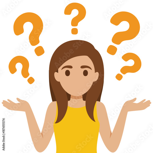 Simple flat vector illustration of a woman with question dilemma problem concept for business analysis isolated on white background
