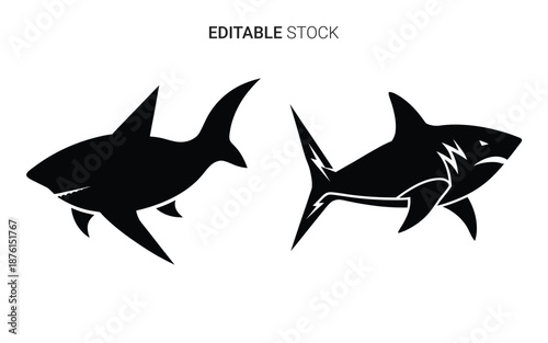 two black shark illustrations in different poses silhouette high quality professional detailed modern