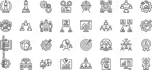 Business strategy planning line icons set with management teamwork goals analytics leadership outline symbols