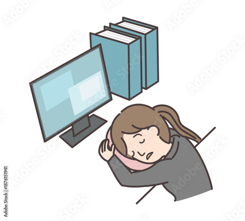 昼休みにデスクで仮眠をとる女性のイラスト