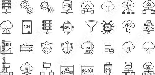 Cloud computing line icons set, server, hosting, database, cpu, storage, network, security, data center, vector illustration